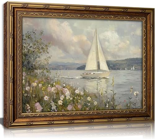 Vintage Gold Framed Coastal Landscape Wall art, Wildflower and Sailboat Oil by JPDSIIPXZwallart