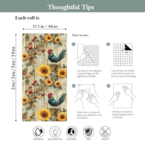 Sunflowers Rooster Peel and Stick Wallpaper Artistic Wood Vintage Pattern - Image 7