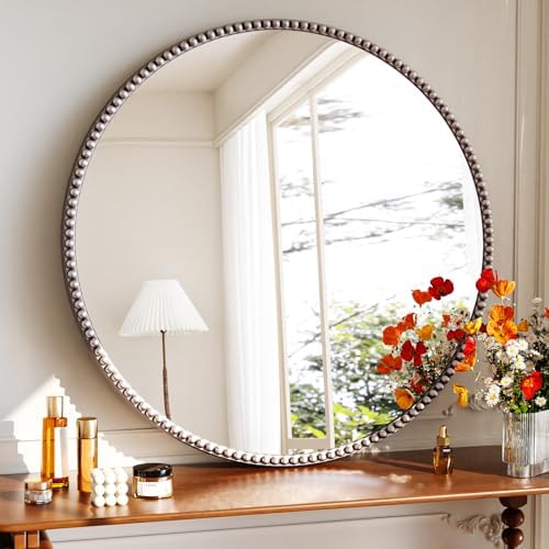 36'' Round Mirror, Beaded Circle Decorative Wall Mirror by Unknown