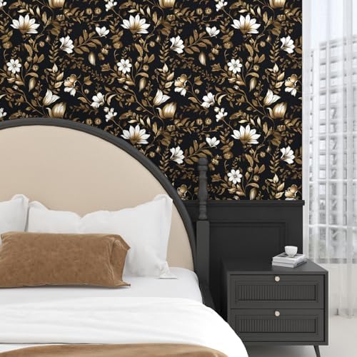 BOKEBEVE Black Gold Leaf Wallpaper Peel and Stick Vintage 17.5 x 118In - Image 2