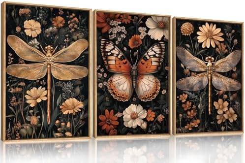 Aryroi Vintage Butterfly Dragonfly Framed Canvas Wall Art Set, Moody Dark by Aryroi