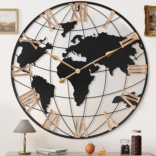 Pytha Sight 36 Inch Large Extra Metal Oversized Roman World Map Wall Clock by Pytha+Sight