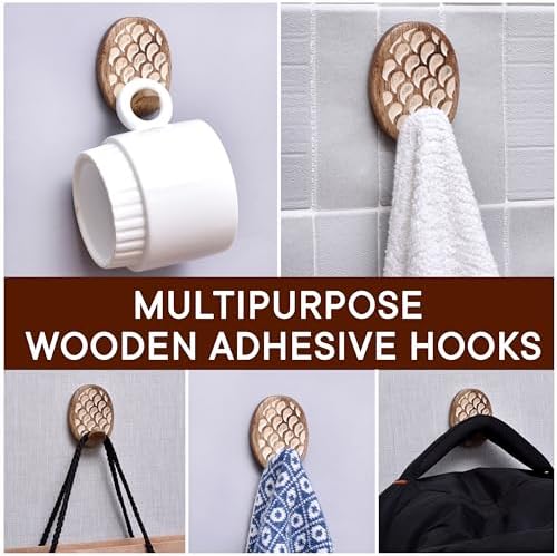 Indian Shelf 6 Piece Wooden Adhesive Wall Hooks - Image 6
