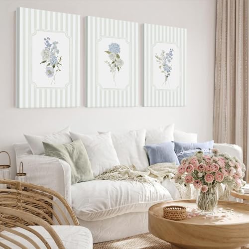 Blue Hydrangea Wall Art Floral Canvas Prints Sage Green Striped Wall Decor - Image 7