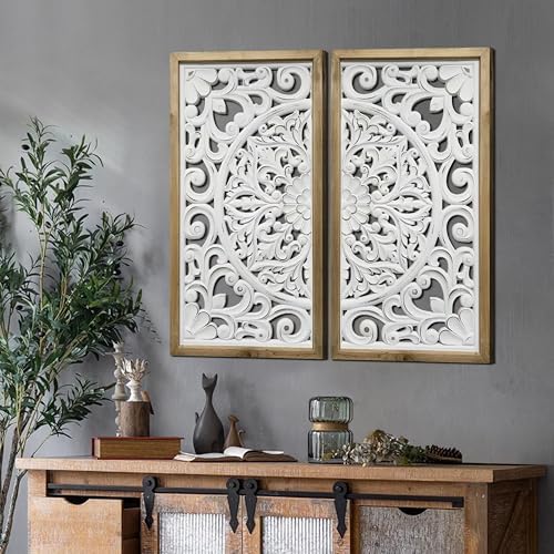 XIAOAIKA Rustic Wood Frame Wall Art Set of 2, Floral Scroll Carved Panels - Image 6