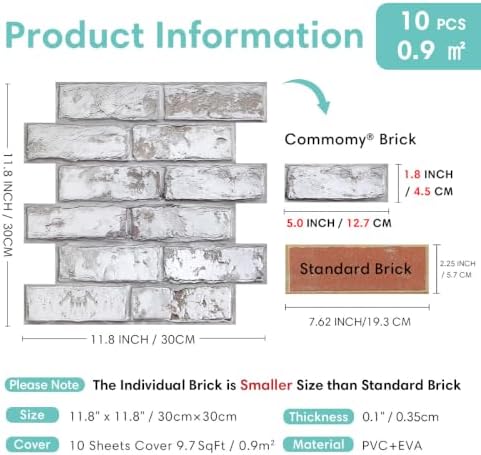 Commomy 10 Pcs Peel and Stick Brick Tile Thin PVC 10 pcs 11.8"x 11.8" - Image 5