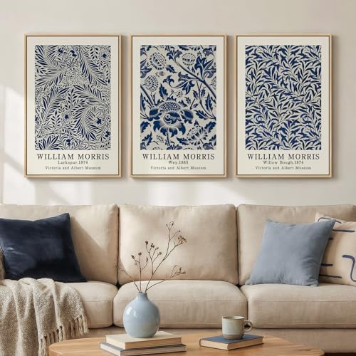 Framed William Morris Blue Botanical Canvas Wall Art Set of 3, 16x24 In by Cuspin