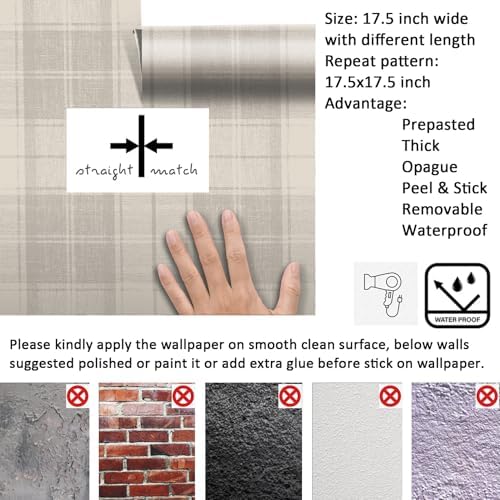 Livelynine 17.5x276 Plaid Peel and Stick Wallpaper Beige Neutral Vintage - Image 6