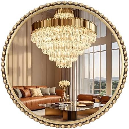 30" Round Bathroom Mirror, Antique Gold Bold Beaded Frame by CavinHome