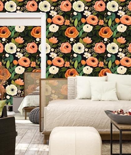 Danodoi Orange Green Vintage Floral Peel and Stick Wallpaper 17.5" x 393" - Image 6