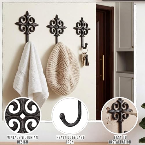 Hicarer 6 Sets Rustic Cast Iron Wall Hooks Decorative Antique Towel Hooks - Image 3