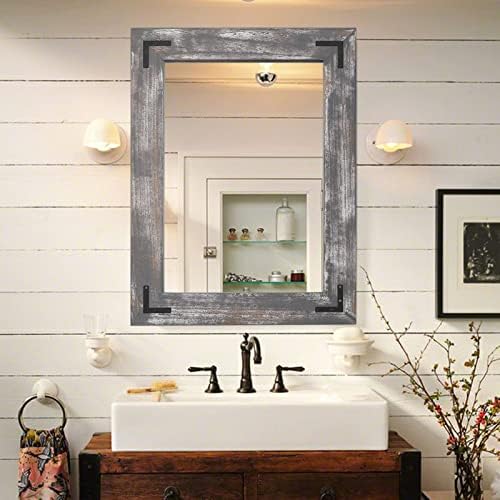 YOSHOOT Rustic Wooden Framed Wall Mirror, Natural Wood Bathroom Vanity Mirror by YOSHOOT