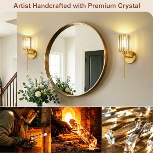 2-Pack Crystal Battery Operated Wall Sconces, Brushed Gold Rechargeable - Image 3