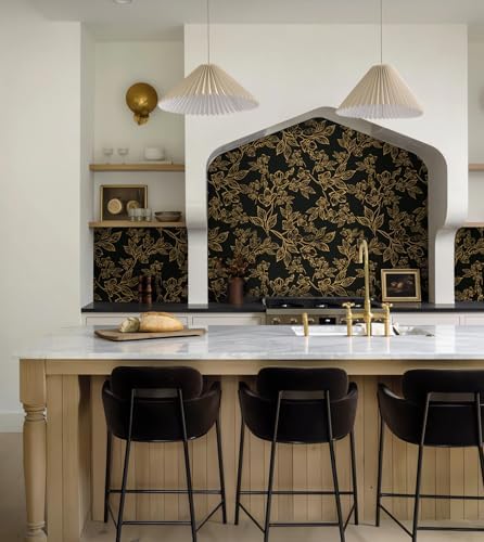 Ismoon Dark Floral Peel Stick Wallpaper Black Gold Wallpaper 17.3x78.7in - Image 3