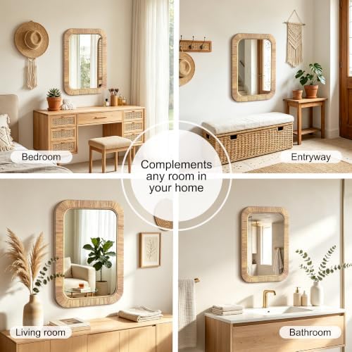 Decorative Rattan Wall Mirror, Boho Bathroom Modern Makeup, Rustic Wall Bohemia - Image 3