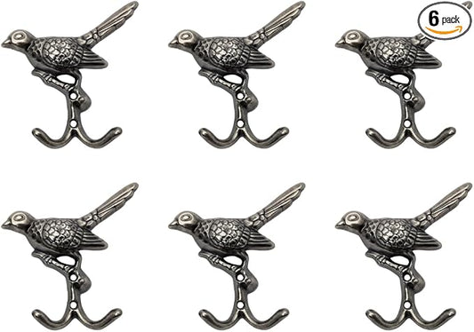 6 pcs Antique Silver Bird Decorative Wall Hooks by DIYDecorHub