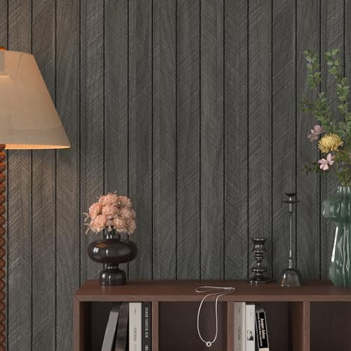 VEELIKE Charcoal Herringbone Wood Wall Panels Peel and Stick Modern Wood Slat - Image 2
