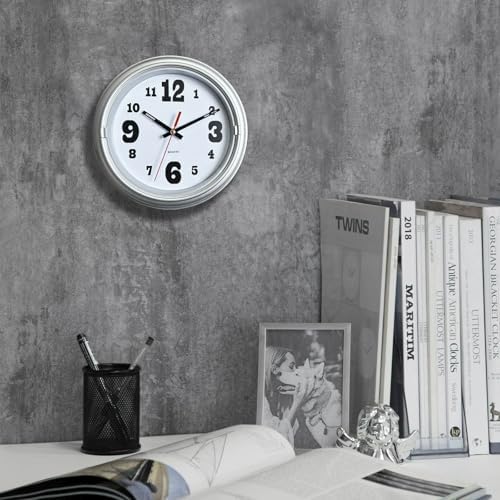WANGIRO 8" Compact Wall Clock Silent Non-Ticking Battery Powered Silver - Image 2