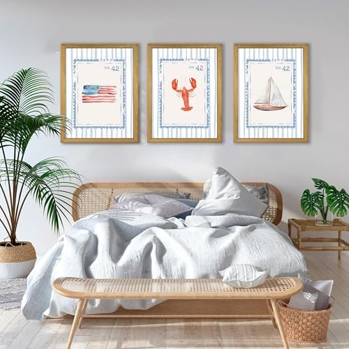 Wood Framed Blue Beach Stamp Set of 3 Canvas Poster Coastal Granddaughter Room - Image 4