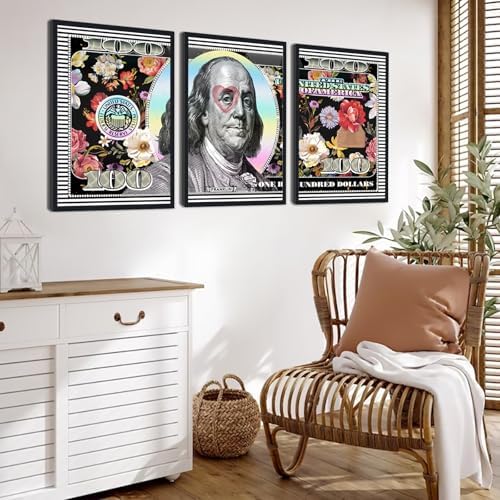 Black Framed Wall Art Canvas Money 100 Dollar Flowers Painting 3 Panels - Image 2