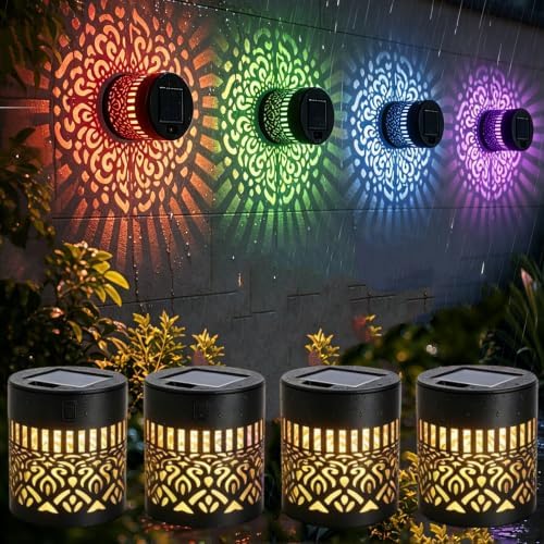 Solar Mandala Outdoor Wall Lights, 4 Pack 7 Color Changing Metal Fence Lanterns by Unknown
