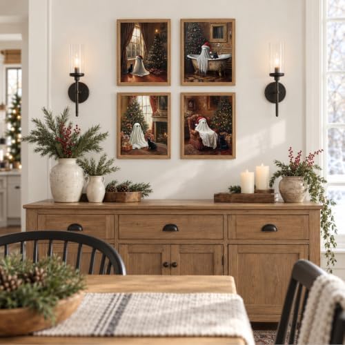 4Pcs Framed Vintage Christmas Cute Ghost And Black Cat Wall Art 12x16inch - Image 3