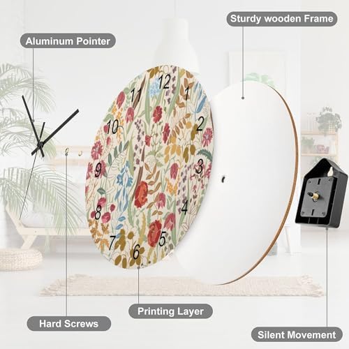 Retro Floral Wood Wall Clock, Vintage Flowers Botanical Garden Plants Herbs - Image 7
