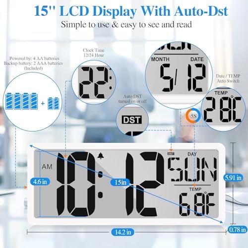 Large Digital Wall Clock 15.1 Inch Alarm Clock - Image 4
