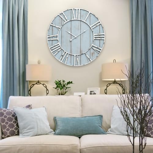 EMAX HOME Large Farmhouse Wall Clock 24 Inch Vintage Blue Wooden Wall Clock by EMAXHOME