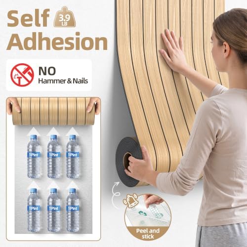 Peel and Stick Wood Slat Wall Panels, 3D PVC Faux Oak Wood Grain Wallpaper - Image 4