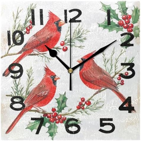 Moderate 8 Inch Square Wall Clock, Cardinals on Holly Berry Branches Christmas by Peystean