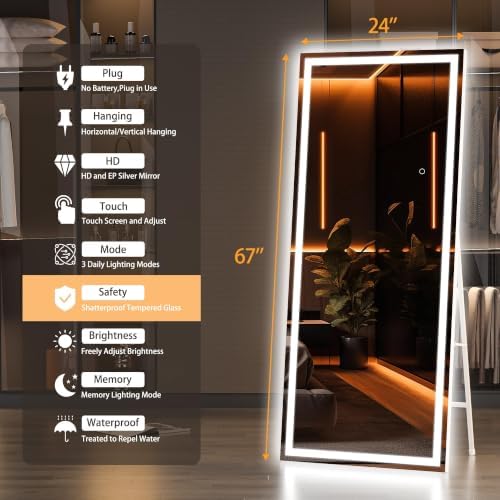 Hasipu Full Length Mirror with Lights, 66.9" x 23.6" LED Lighted Floor Standing - Image 2