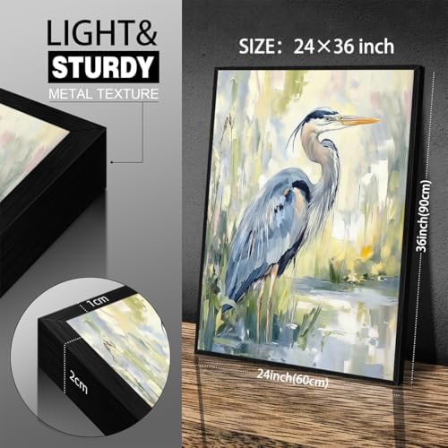 Blue Heron Canvas Wall Art Watercolor Sea Bird Poster 24X36 inch Black Framed - Image 2