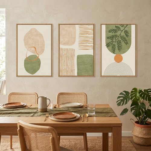 Boho Sage Green Geometric Framed Canvas Wall Art Set-16"x24"x3 - Image 3