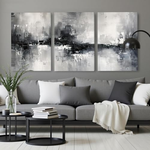 AVECCO Triptych Abstract Black White Gray Wrapped Canvas Wall Art 24x36 In - Image 3