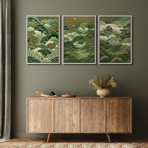 MUDECOR Framed Canvas Print Wall Art Japanese Forest Landscape Green Waves and - Image 5