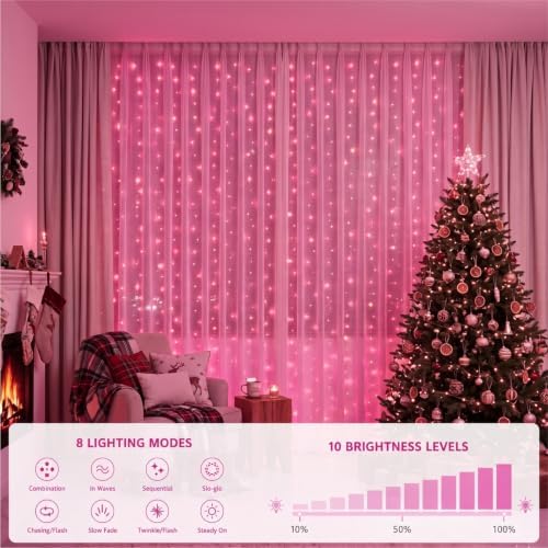 HXWEIYE 300LED Fairy Curtain Lights, 9.8x9.8Ft USB, 8 Modes & Timer - Image 4