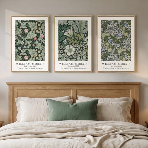 Framed William Morris Green Floral Canvas Wall Art Set of 3, 16x24 In by Cuspin