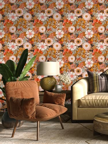 HAOKHOME Orange Floral Peel and Stick Wallpaper Boho Vintage 17.3in x32.8ft - Image 3
