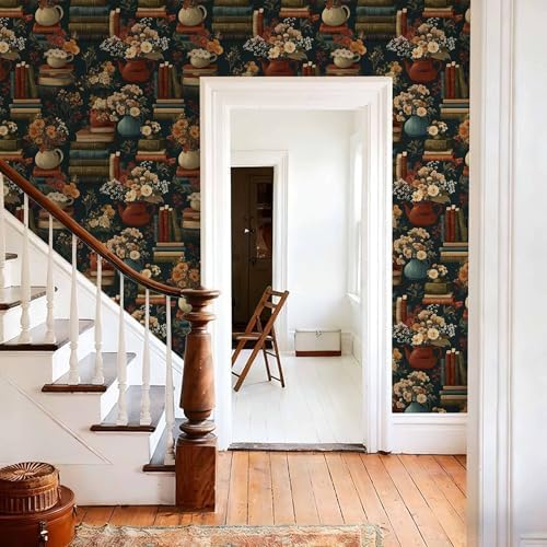 Vintage Library Peel and Stick Wallpaper, Dark Academia Floral Wallpaper - Image 3