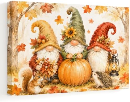Thanksgiving Gnomes Canvas Wall Art, Made in USA, Fall Pumpkin Squirrel Maple by Prime+Leader