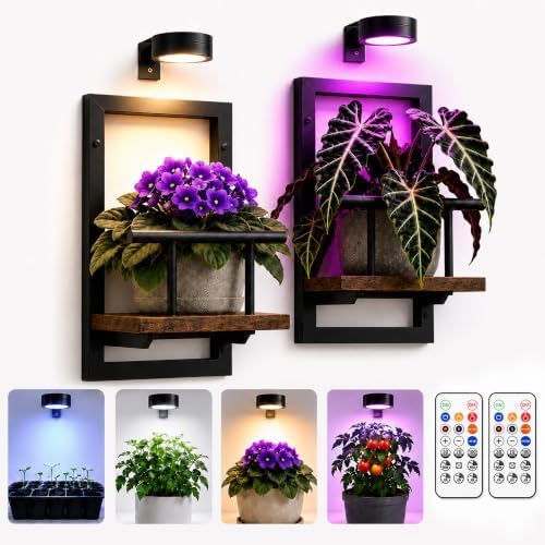 2 Pack Plant Wall Shelf with Grow Light, Wall Mounted Indoor Plant Shelf by Ajerg