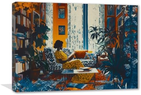Black People Canvas Wall Art Woman Reading Book Picture 16x24Inch Framed by Unknown