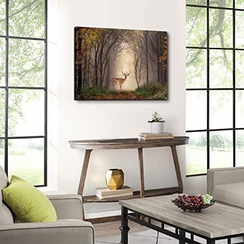 Wild Animal Landscape Canvas Wall Art Deer in Autumn Foggy Forest Picture Wall - Image 6