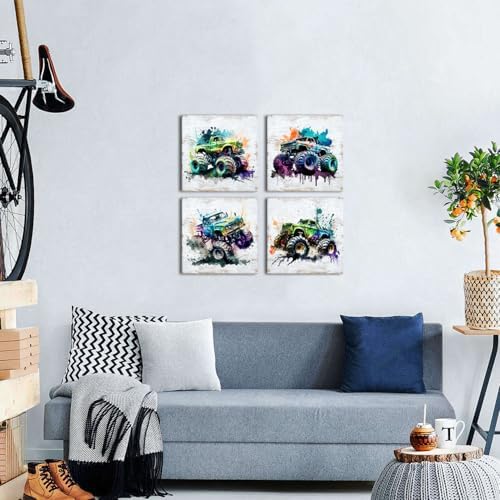 Car Room Decor Truck Canvas Wall Art Framed Boys Room Watercolor Cartoon Car - Image 5