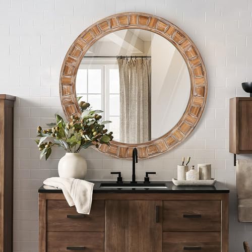 30 Inch Brown Solid Wood Round Wall Mirrors - Image 3
