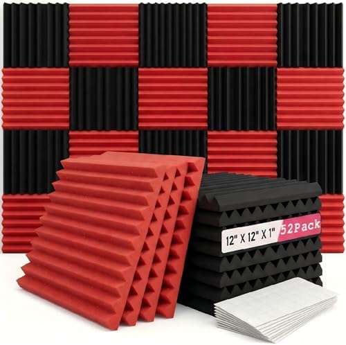 52 Pack Black red 1" x 12" x 12" Acoustic Wedge Studio Foam Sound Absorption by XIN%26LOG