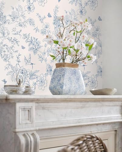 Froluya Cream White and Blue Peel and Stick Wallpaper Floral Contact Paper - Image 6