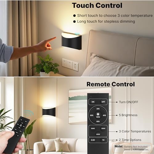 Battery Operated Wall Sconces Set of 2 Rechargeable Wireless Black - Image 5