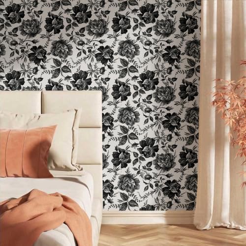 Black and White Peony Floral Rose Vintage Flowers Modern Peel and Stick - Image 2